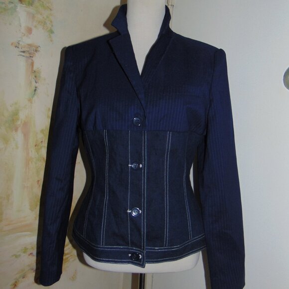 Vintage Y2K Windsor Fashions Blazer Denim & Pin Stripe Jacket Blue Fitted 13 - Picture 8 of 10